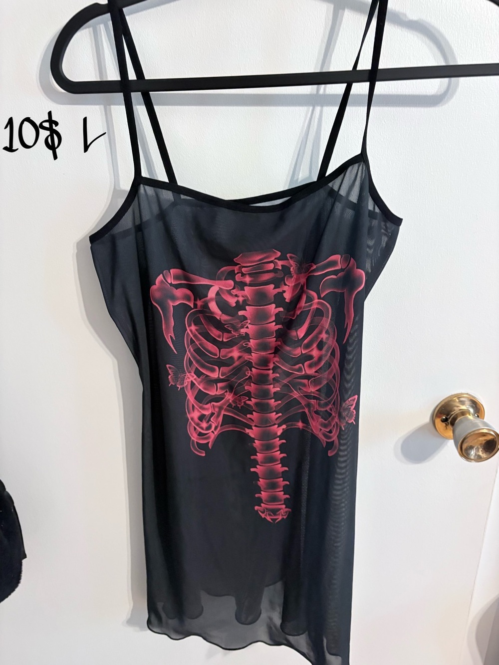Black Mesh Slip Dress with Pink Skeleton Print